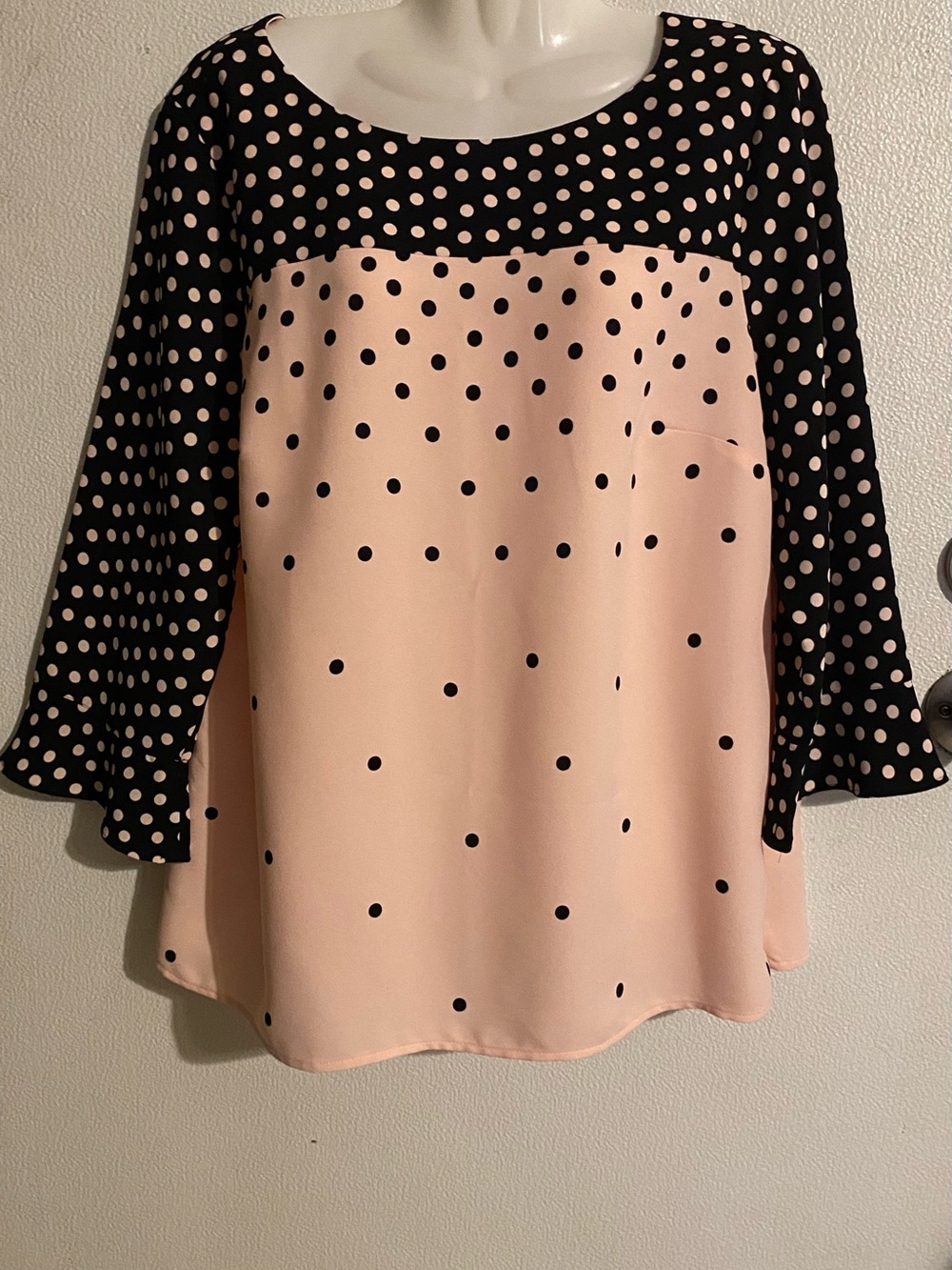 Talbots size L pink polka dot 3/4 bell sleeve dressy top blouse